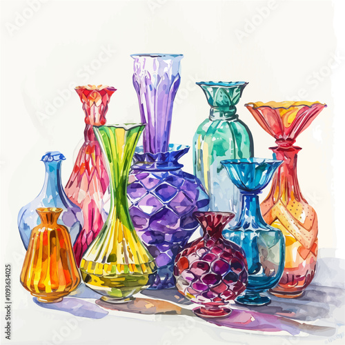 A watercolor drawing of Colored Glass Bottles, isolated on a white background. Colored Glass Bottles vector.