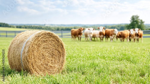 Tranquil farm scene with cows grazing in the background, featuring a round hay bale on a lush green pasture