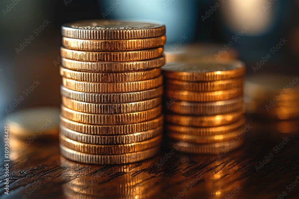 Close-up of a Stack of Shiny Gold Coins on a Wooden Surface Close-up of a Stack of Shiny Gold Coins on a Wooden Surface