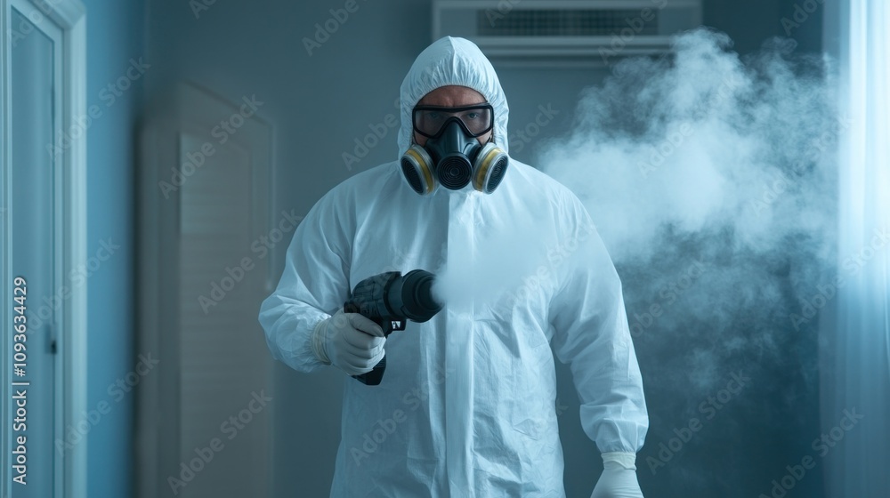 technician in protective gear operates a fogging machine, releasing disinfectant mist in a hallway technician in protective gear operates a fogging machine, releasing disinfectant mist in a hallway