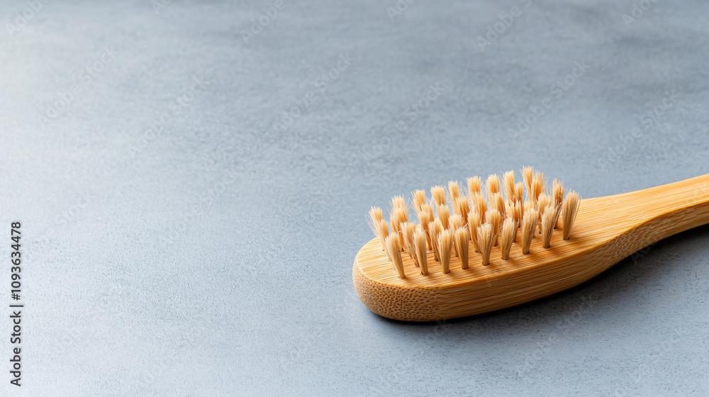 Natural bamboo toothbrush lying on a gray surface, representing eco-conscious dental care and sustainable lifestyle choices Natural bamboo toothbrush lying on a gray surface, representing eco-conscious dental care and sustainable lifestyle choices