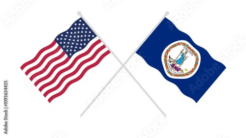 Waving USA flag with virginia flag video, two USA flags cross waving, waving flag animation video