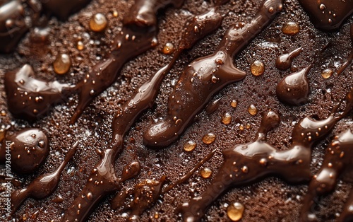 Close up macro photo of a chocolate cake drizzled with chocolate sauce, textured, and glistening with sugar crystals