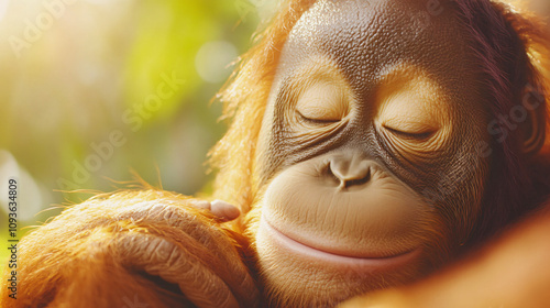 Sweet baby orangutan peacefully sleeping in its natural jungle habitat, with closed eyes and a serene expression photo