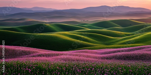 Rolling green hills covered in purple wildflowers at sunrise.