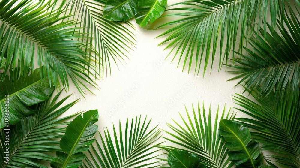 Fototapeta premium Green tropical leaves frame on white background with copy space.