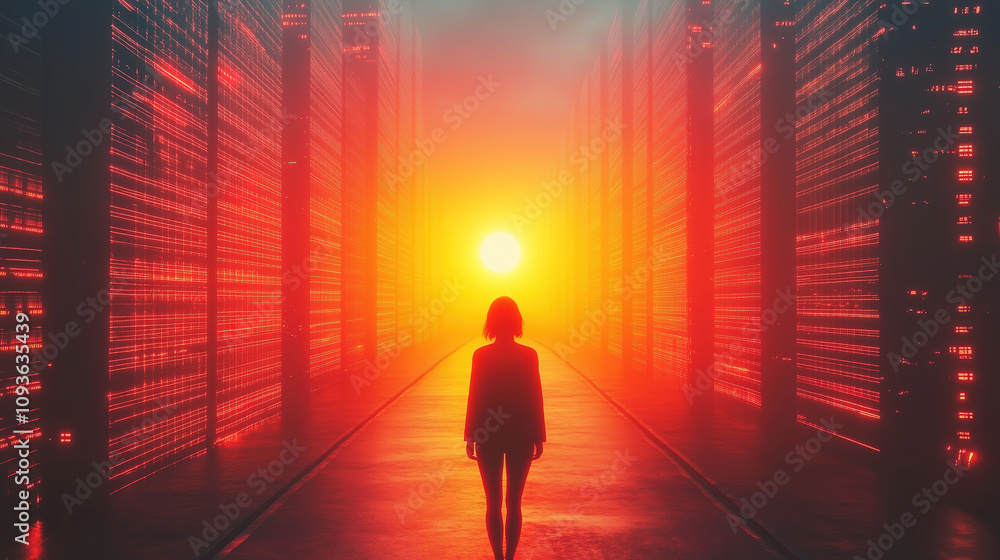 Individual walking towards a bright sunset between glowing data towers in a futuristic environment. Generative AI Individual walking towards a bright sunset between glowing data towers in a futuristic environment. Generative AI