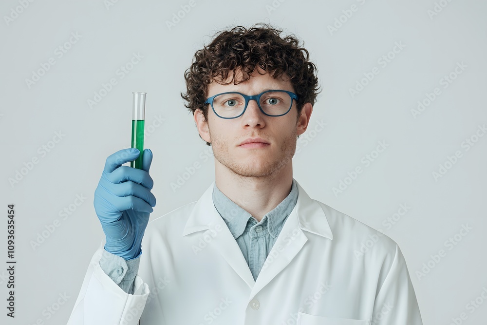 Young male scientist dressed in a white lab coat, focused and engaged in scientific research, symbolising innovation, knowledge, and dedication in a laboratory setting Young male scientist dressed in a white lab coat, focused and engaged in scientific research, symbolising innovation, knowledge, and dedication in a laboratory setting