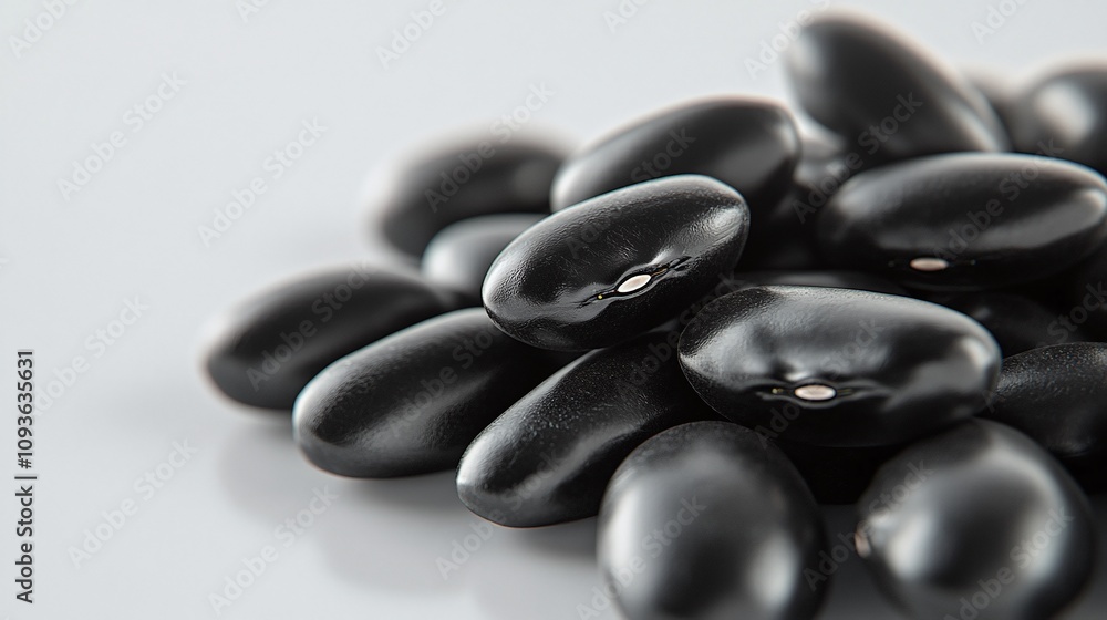 Realistic close-up of a handful of black beans with their smooth, dark surface, a light gray & minimalist background Realistic close-up of a handful of black beans with their smooth, dark surface, a light gray & minimalist background