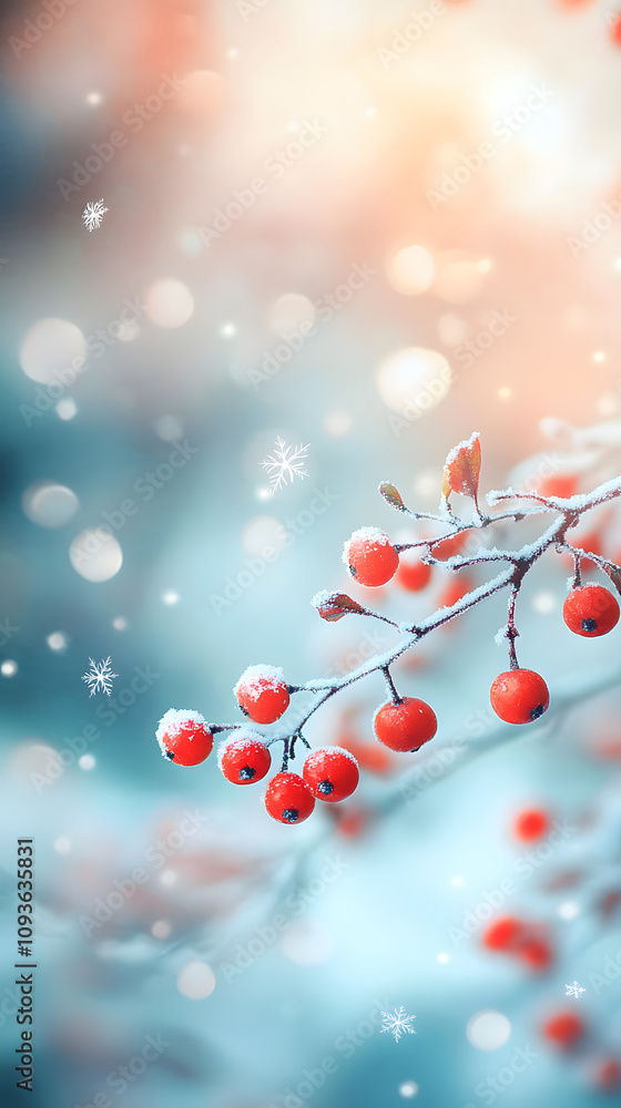 A close-up of a snowy branch adorned with red berries, set against a dreamy, softly blurred background. A close-up of a snowy branch adorned with red berries, set against a dreamy, softly blurred background.