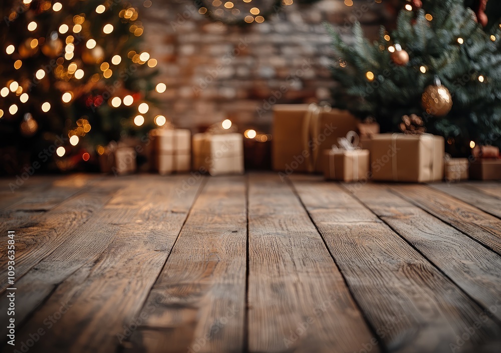 gift box on rough wooden floor. New Year or Christmas background. Greeting card gift box on rough wooden floor. New Year or Christmas background. Greeting card