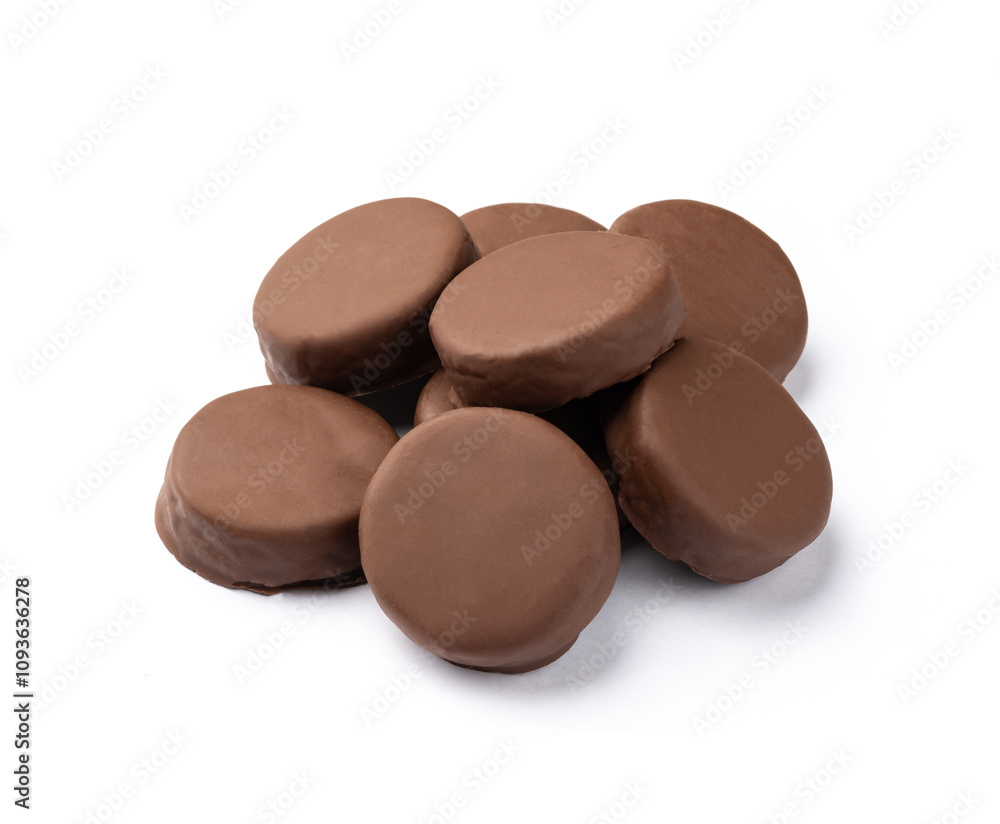 A group of brazilian Pao de Mel or chocolate covered honey cookies isolated over white background A group of brazilian Pao de Mel or chocolate covered honey cookies isolated over white background