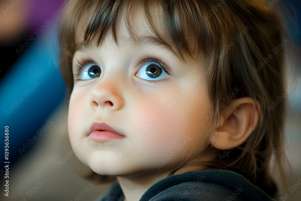 A child with sparkling eyes looks up in wonder, captivated by the vibrant surroundings and sounds A child with sparkling eyes looks up in wonder, captivated by the vibrant surroundings and sounds