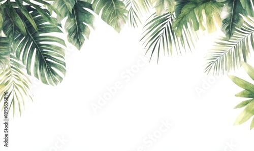 Background with tropical leaves and plants in watercolor