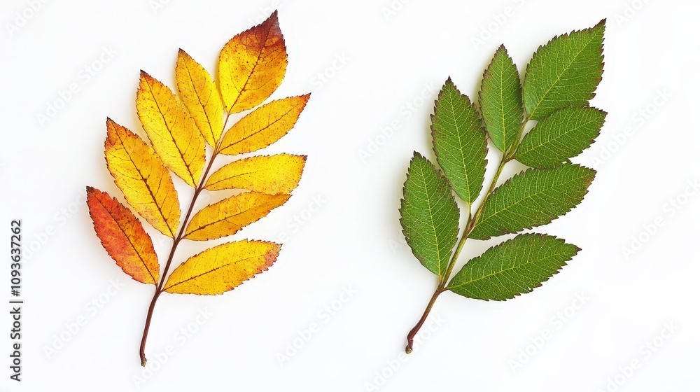 Autumn and summer contrasts: yellow and green leaves on white background Autumn and summer contrasts: yellow and green leaves on white background