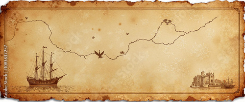 Antique treasure map illustration featuring a ship, coastline, and whimsical elements on aged parchment photo