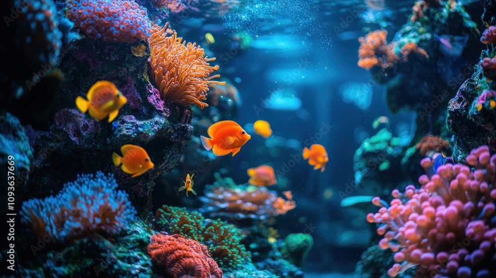 Naklejka premium Vibrant Orange Fish Swimming Amidst Lush Coral Reef