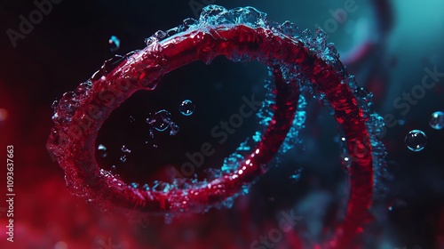 A striking representation of a DNA structure depicted within a blood-red circular spiral ring, featuring a deep blue helix shape. Surrounding it are dynamic bubbles and splashes, photo