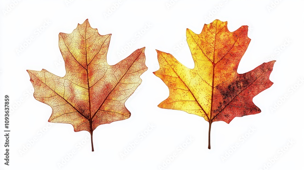 Detailed autumn maple leaves on white background for seasonal design Detailed autumn maple leaves on white background for seasonal design