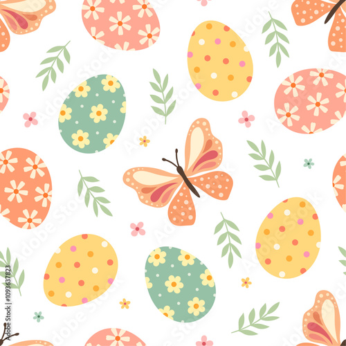 Spring floral Easter pattern with eggs, butterflies, flowers