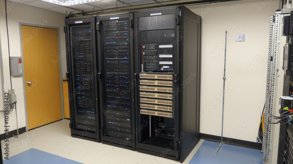 Server racks in a data center with lights and cables Server racks in a data center with lights and cables