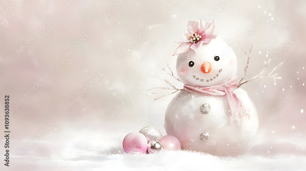 A whimsical snowman adorned with a pink flower and sparkling snow. A whimsical snowman adorned with a pink flower and sparkling snow.