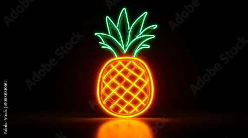 Neon LED Glowing Pineapple with Yellow Fruit on Black Background