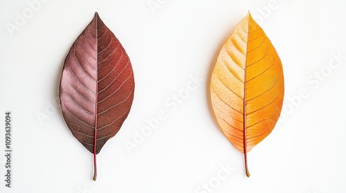 Minimalist autumn aesthetics: symmetric fall leaves in contrasting hues on a clean white background