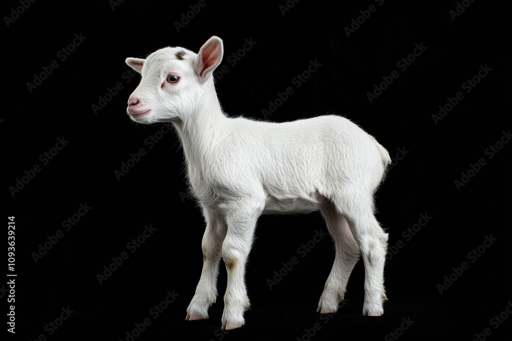 Fototapeta premium the beside view baby Anglo-Nubian goat standing, left side view, low angle, white copy space on right, Isolated on black Background