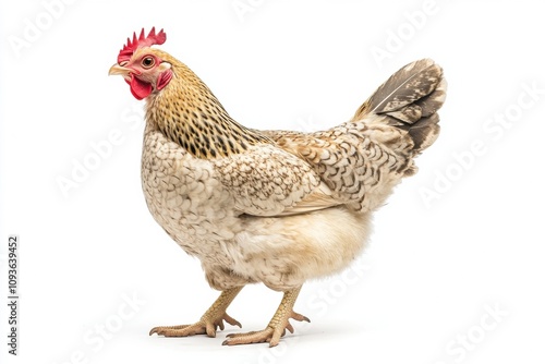 the beside view baby Wyandotte chicken standing, left side view, low angle, white copy space on right, Isolated on White Background