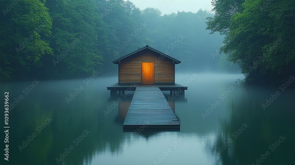 Fototapeta premium Tranquil Lakeside Cabin Surrounded by Fog and Lush Greenery at Dusk, Warm Glow from Door Illuminates Serene Waters Reflecting Nature's Beauty