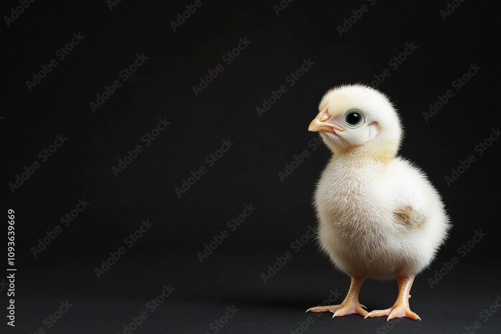 the beside view baby Wyandotte Chicken standing, left side view, low angle, white copy space on right, Isolated on black Background the beside view baby Wyandotte Chicken standing, left side view, low angle, white copy space on right, Isolated on black Background