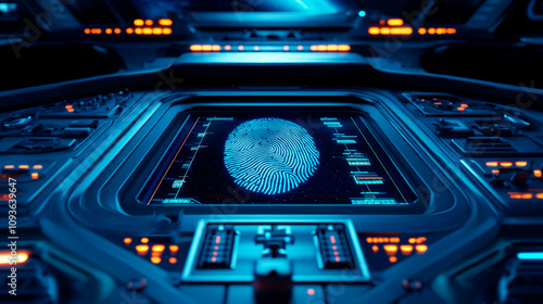 Fototapeta Naklejka Na Ścianę i Meble -  Glowing Fingerprint on Space Station Control Panel