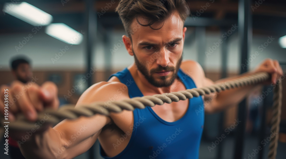 Determined young bearded athlete in blue tank top performing battle rope exercise at modern gym, intense functional training with focused expression Determined young bearded athlete in blue tank top performing battle rope exercise at modern gym, intense functional training with focused expression