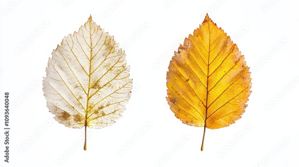 Contrast of autumn leaves: transparent vs. vibrant yellow on white background Contrast of autumn leaves: transparent vs. vibrant yellow on white background