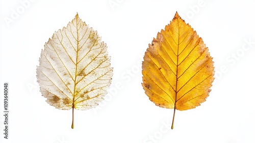 Contrast of autumn leaves: transparent vs. vibrant yellow on white background