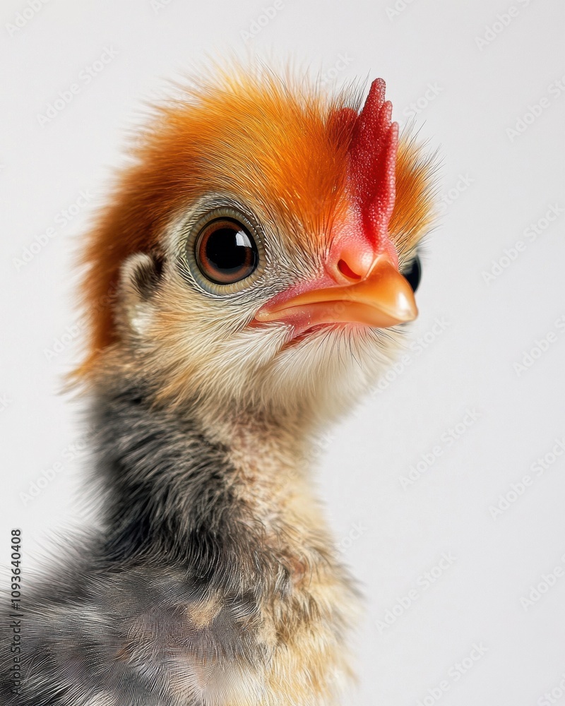 Fototapeta premium Mystic portrait of baby Brahma Chicken, copy space on right side, Headshot, Close-up View, isolated on white background