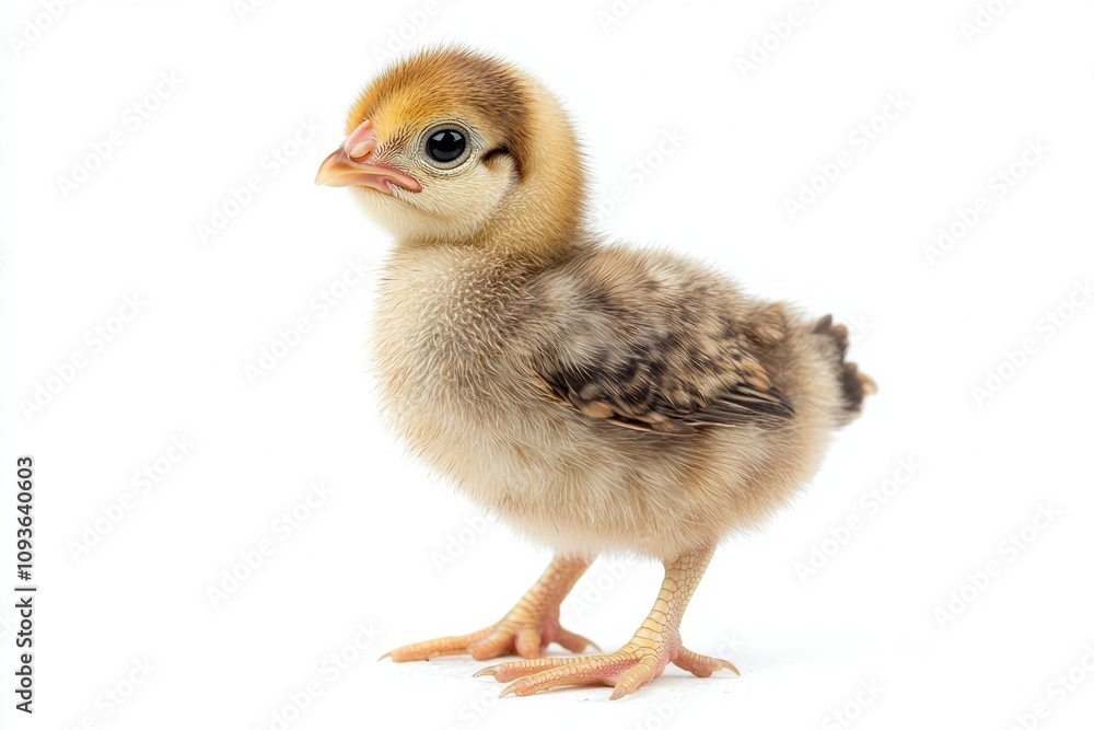 the beside view baby Brahma Chicken standing, left side view, low angle, white copy space on right, Isolated on White Background the beside view baby Brahma Chicken standing, left side view, low angle, white copy space on right, Isolated on White Background
