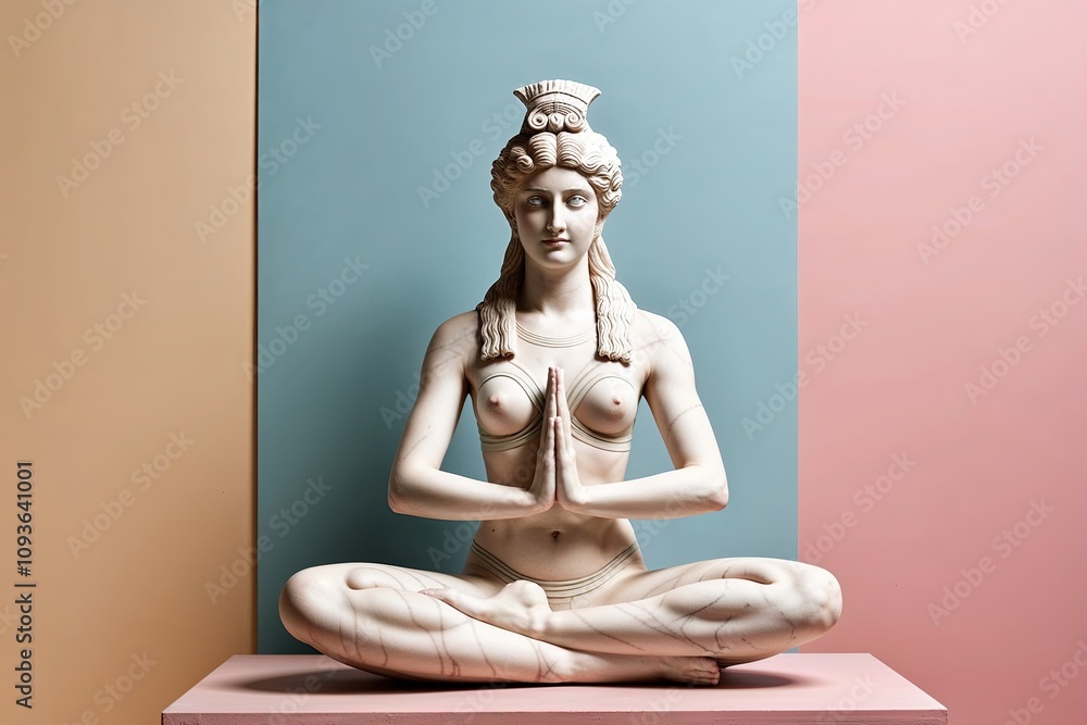 Marble Statue of an Ancient Greek Goddess Practicing Yoga on a Pastel Backdrop: Celebrating Healthy Ideals and Mindfulness Marble Statue of an Ancient Greek Goddess Practicing Yoga on a Pastel Backdrop: Celebrating Healthy Ideals and Mindfulness