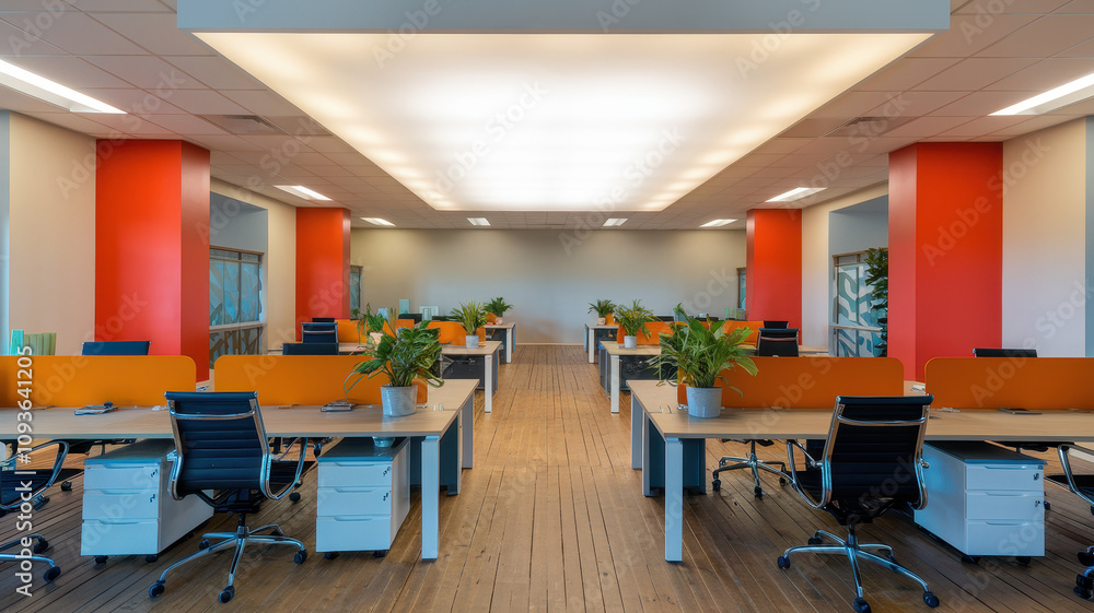 Modern office space with orange accents and greenery, featuring wooden floors and organized workstations, creating a vibrant and productive atmosphere. Modern office space with orange accents and greenery, featuring wooden floors and organized workstations, creating a vibrant and productive atmosphere.