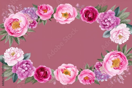 Watercolor Pink Floral Border with Peony, Rose, and Hydrangea for Elegant Card and Invitation Decoration