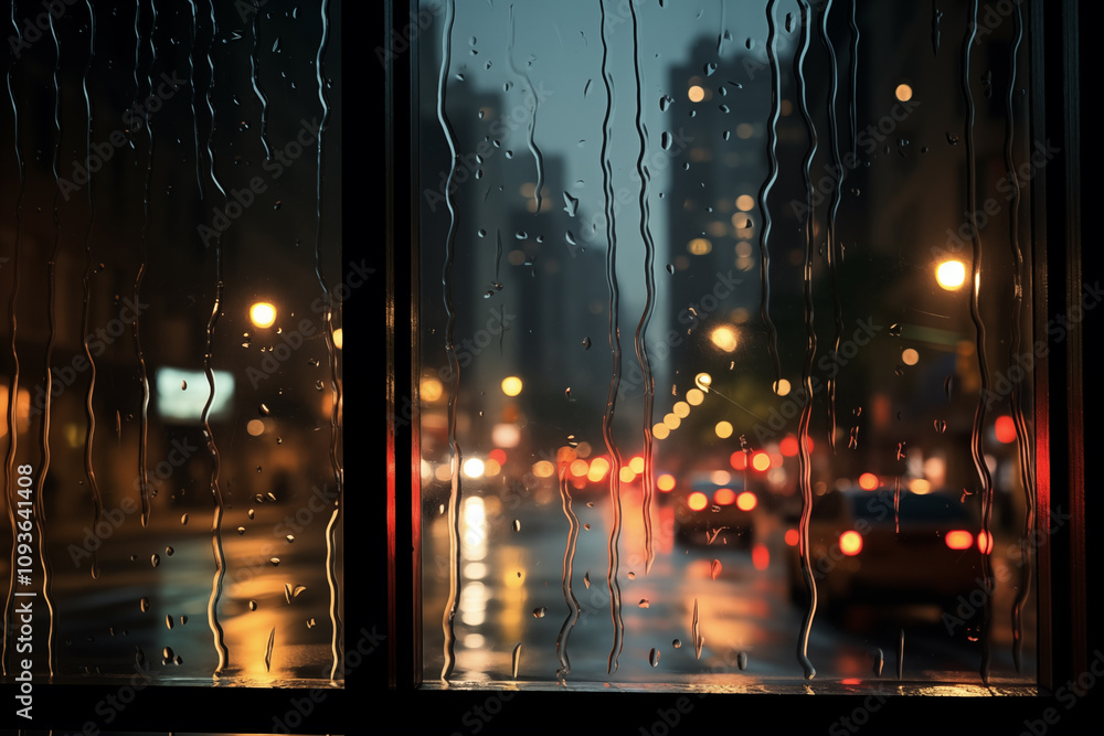 Fototapeta premium Rainy city street viewed from a window, reflections of car lights on wet pavement