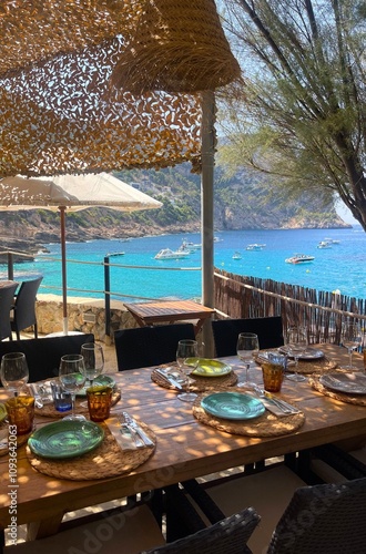 Mediterranean Sea restaurant beach club view resort vacation sunshine yachts boats luxury lifestyle Mallorca Spain Eating Dining Plates Ocean View, Island