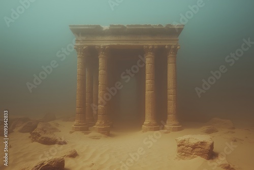 An ancient Greek temple in Libya, partially submerged beneath water, showcasing the ruins’ intricate architecture and the dramatic effects of time and nature on historical sites photo