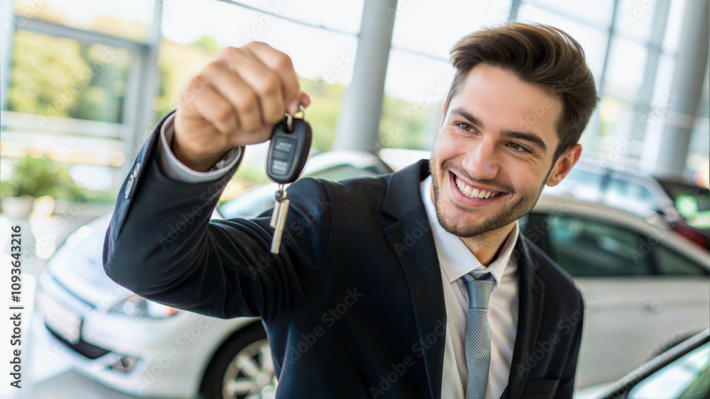 Portrait of elegant handsome young man holding car keys of new car at saloon, auto salesman, people background