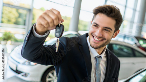 Obraz na płótnie Portrait of elegant handsome young man holding car keys of new car at saloon, auto salesman, people background w salonie
