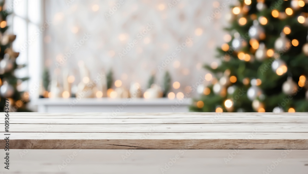 White empty table top in front, blurred christmas tree background White empty table top in front, blurred christmas tree background