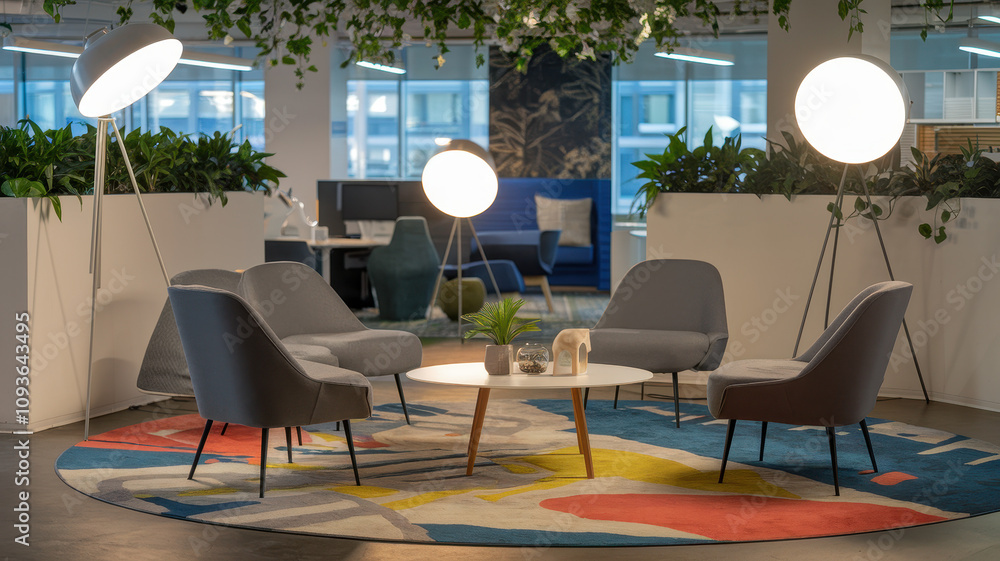 Fototapeta premium A stylish modern lounge area featuring four gray chairs surrounding a round coffee table, set in a bright, plant-filled office space.