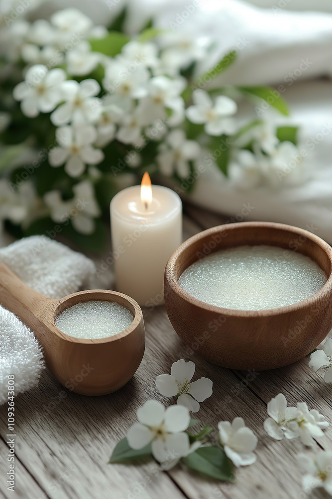 Natural Spa Still Life with Flowers, Candle, and Bath Salts Natural Spa Still Life with Flowers, Candle, and Bath Salts