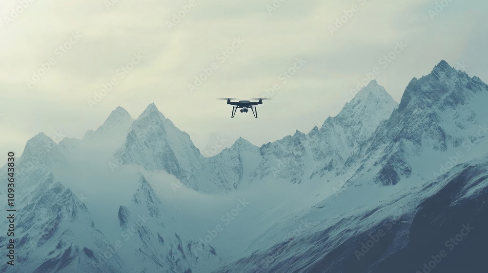Fototapeta premium Drone flying above snowy mountains